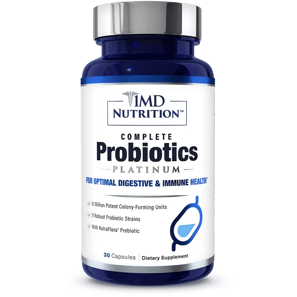 1MD Nutrition Complete Probiotics Platinum bottle, 30 capsules for digestive and immune health