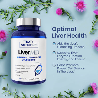1MD Nutrition LiverMD bottle beside milk thistle sprigs, listing benefits for optimal liver health and enzyme function
