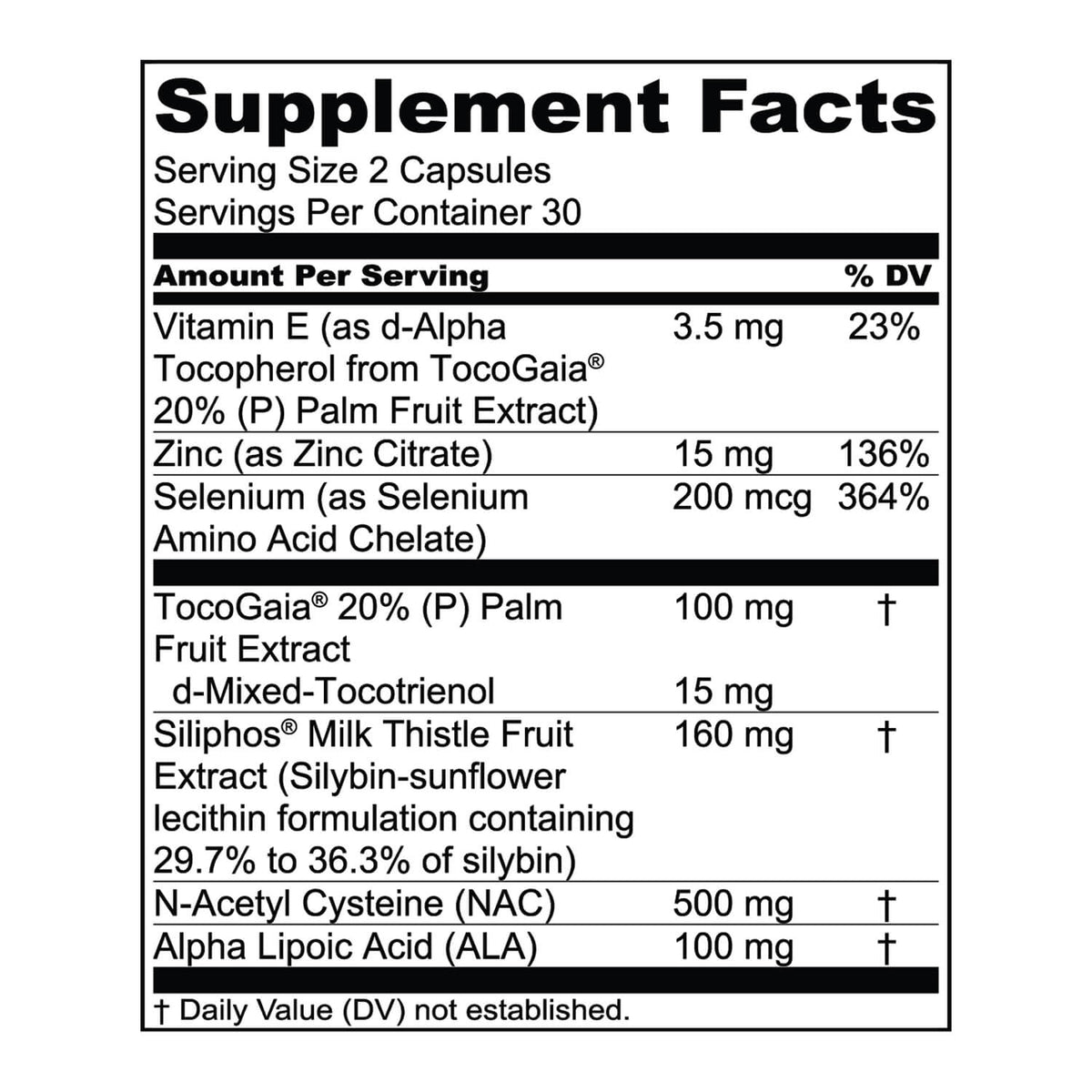 Supplement Facts label for LiverMD listing Vitamin E, zinc, selenium, milk thistle, NAC, and alpha lipoic acid amounts