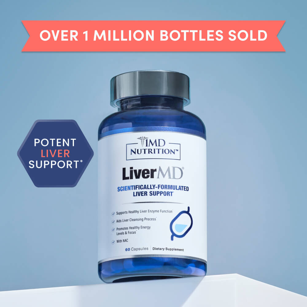 1MD Nutrition LiverMD bottle with over 1 million bottles sold banner and potent liver support badge