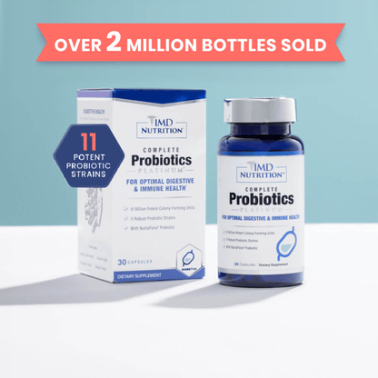 1MD Nutrition Complete Probiotics Platinum box and bottle, 30 capsules, with badge noting 11 potent probiotic strains
