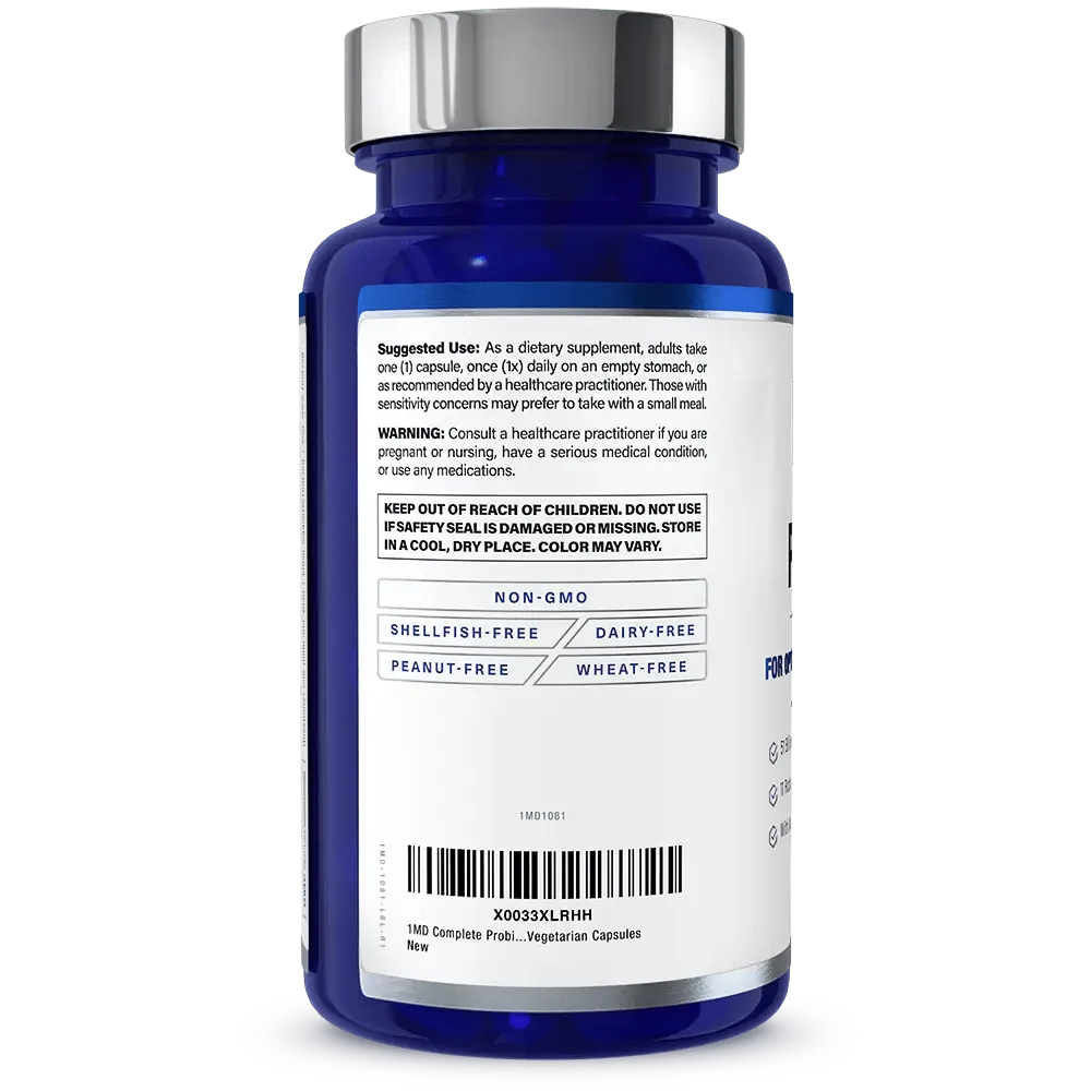 Back label of 1MD Complete Probiotics Platinum bottle showing suggested use, warnings, and non-GMO, dairy-free labeling