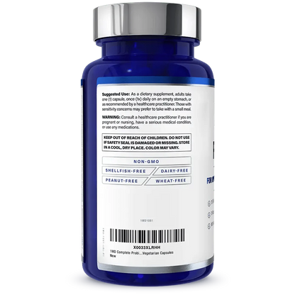 Back label of 1MD Complete Probiotics Platinum bottle showing suggested use, warnings, and non-GMO, dairy-free labeling