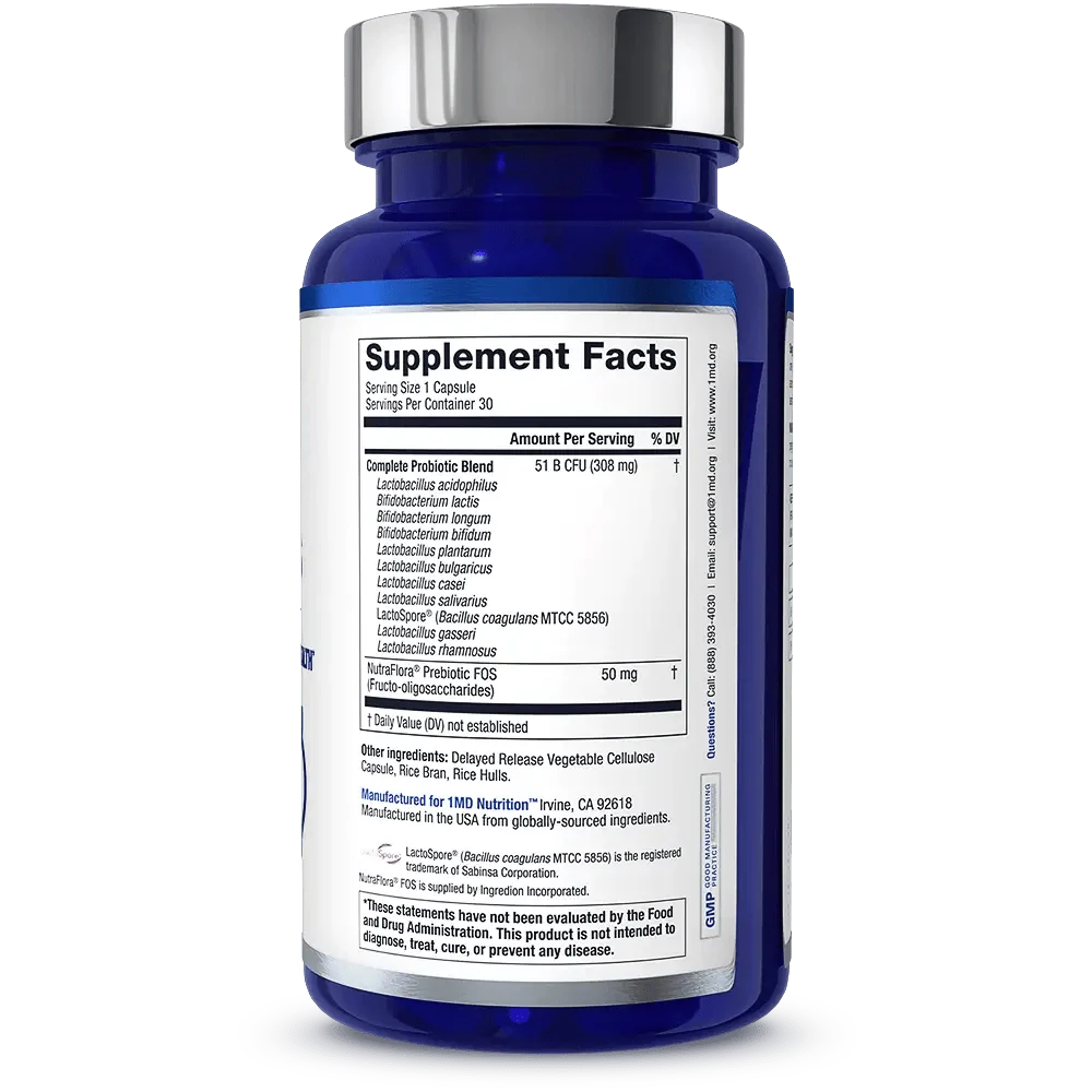 Complete Probiotics Platinum bottle back label showing Supplement Facts with probiotic blend strains and NutraFlora