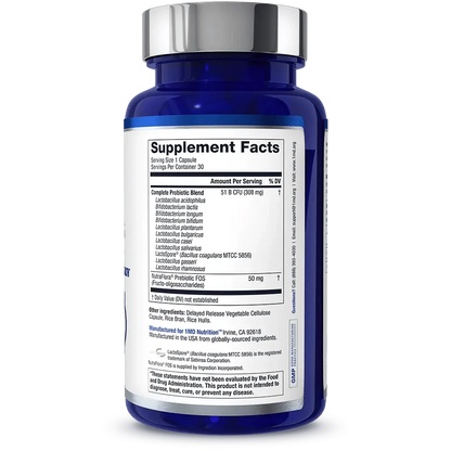 Complete Probiotics Platinum bottle back label showing Supplement Facts with probiotic blend strains and NutraFlora