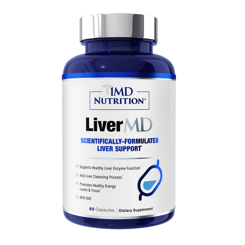 1MD Nutrition LiverMD bottle with silver cap, 60 capsule dietary supplement label listing liver support benefits