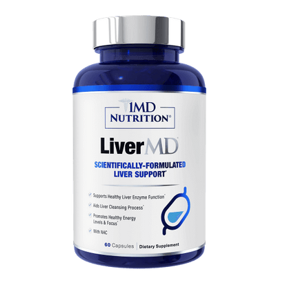 1MD Nutrition LiverMD bottle with silver cap, 60 capsule dietary supplement label listing liver support benefits