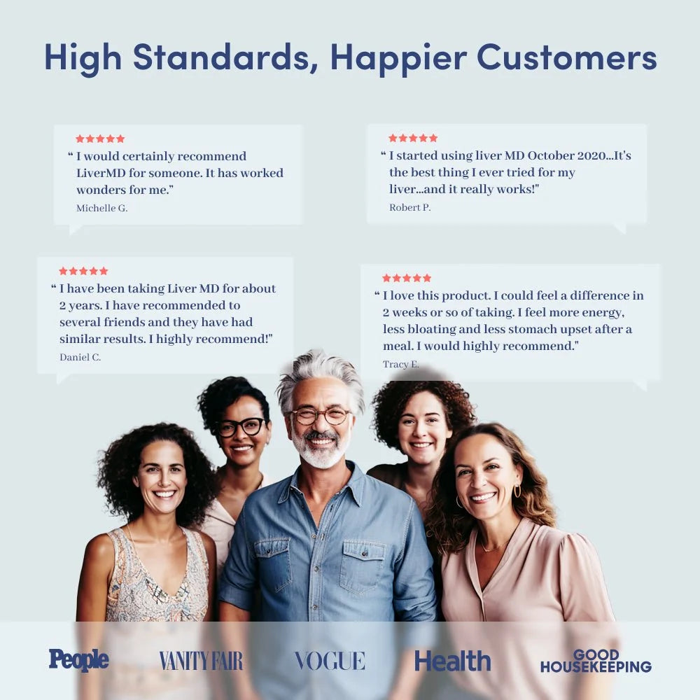 Five smiling customers with four 5-star LiverMD reviews and logos from People, Vanity Fair, Vogue, Health, Good Housekeeping