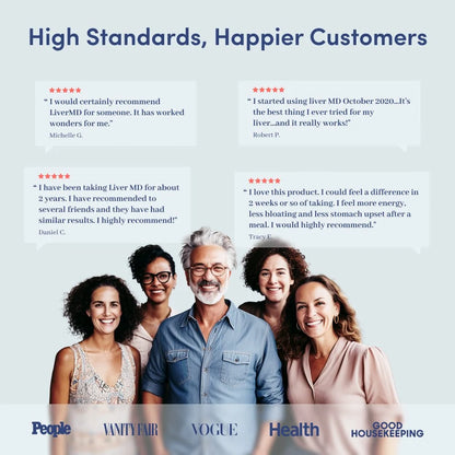 Five smiling customers with four 5-star LiverMD reviews and logos from People, Vanity Fair, Vogue, Health, Good Housekeeping