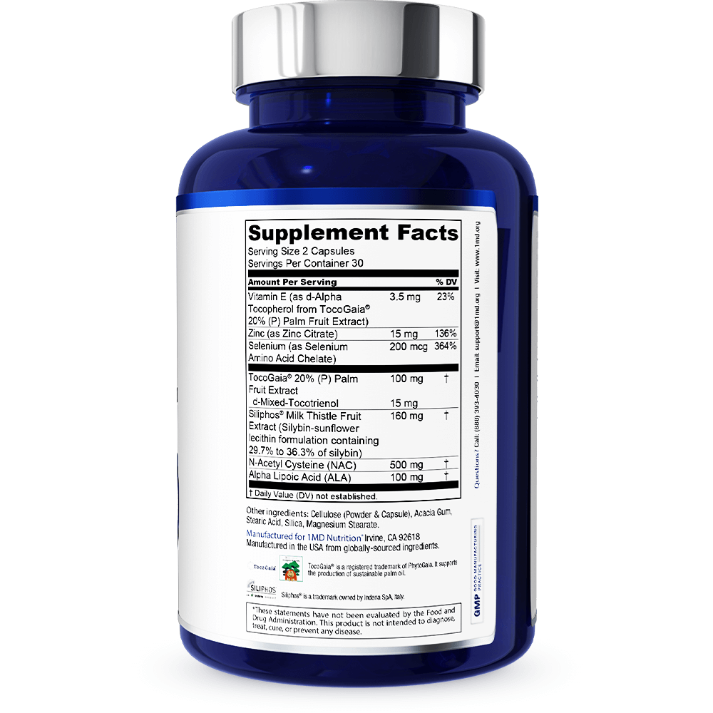 LiverMD blue supplement bottle back label showing Supplement Facts with milk thistle, NAC, ALA and zinc