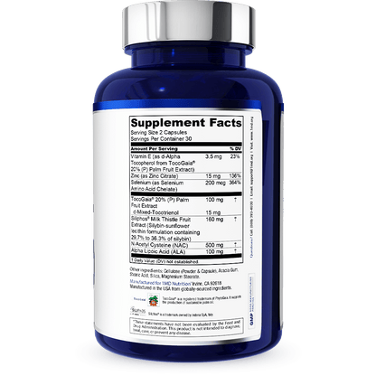LiverMD blue supplement bottle back label showing Supplement Facts with milk thistle, NAC, ALA and zinc