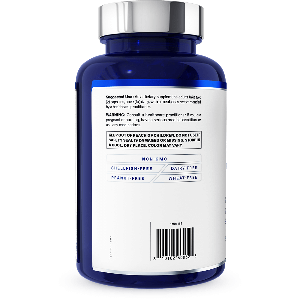 Back label of LiverMD Liver Support Protocol bottle showing suggested use, warnings, and non-GMO allergen-free icons