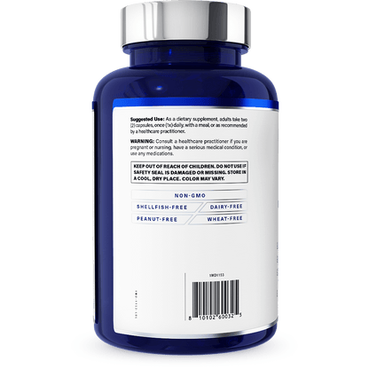 Back label of LiverMD Liver Support Protocol bottle showing suggested use, warnings, and non-GMO allergen-free icons